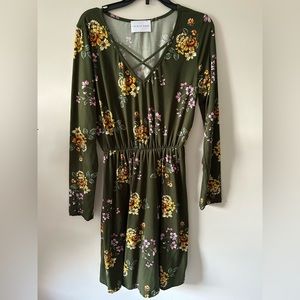 French Grey Floral Criss Cross Neck Dress in Size Small